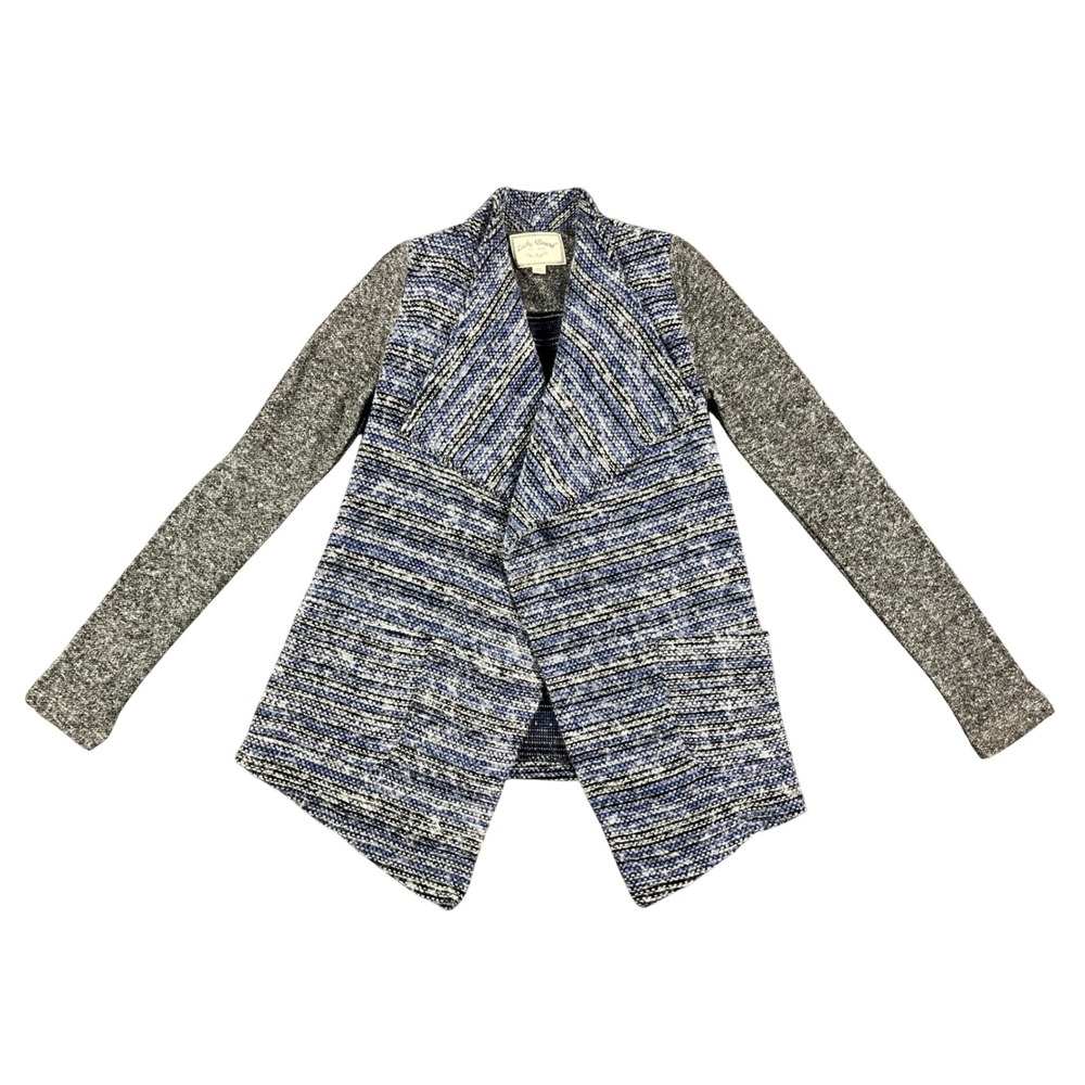 Lucky Brand Womens XS Blue Mixed Media Tweed Draped Open Front Cardigan Pockets